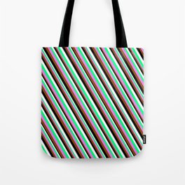 [ Thumbnail: Colorful Green, Violet, Brown, Black & White Colored Stripes Pattern Tote Bag ]