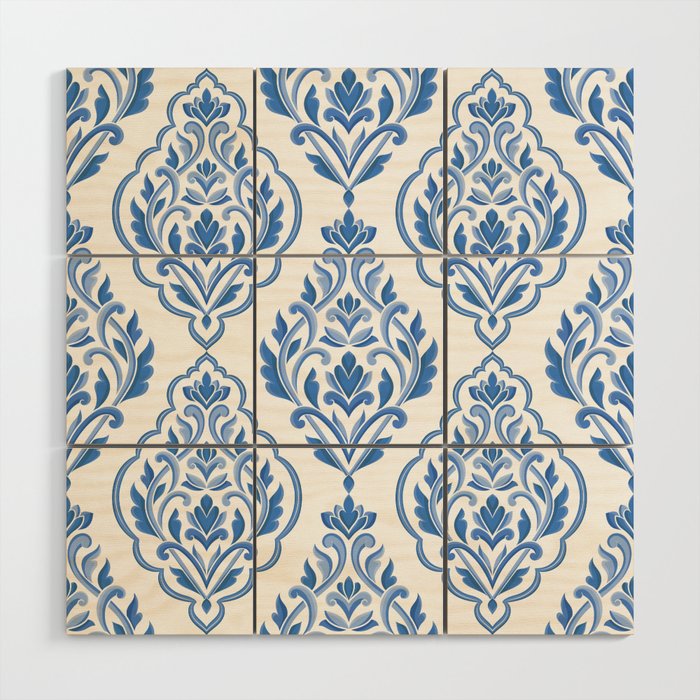 Blue and white damask vintage seamless pattern. Vintage, paisley elements. Traditional, Turkish motifs.  Wood Wall Art