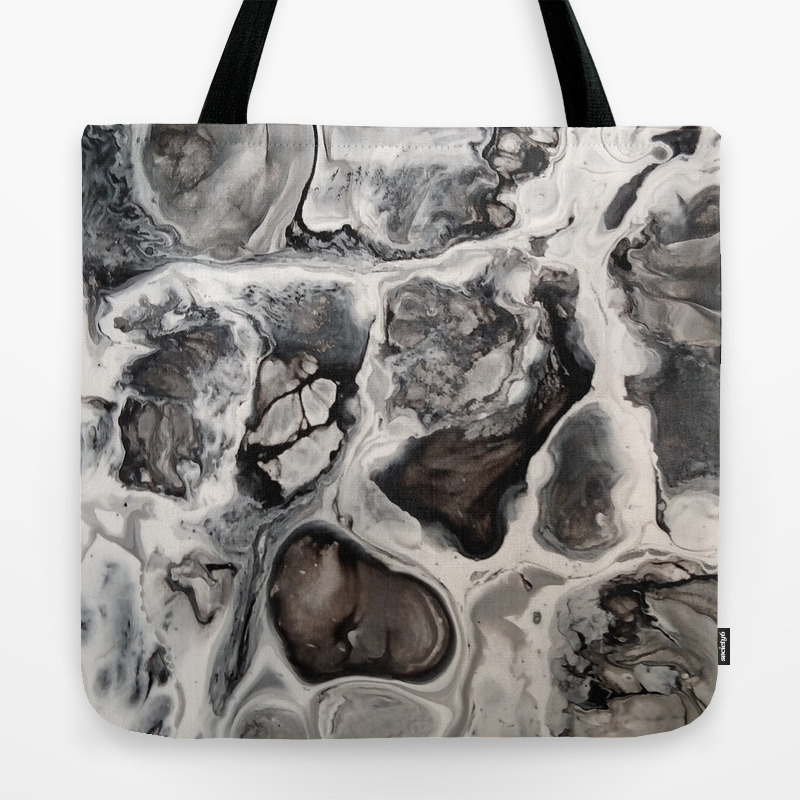 Black Silver And White Fluid Painting Obsidian Rock Tote Bag