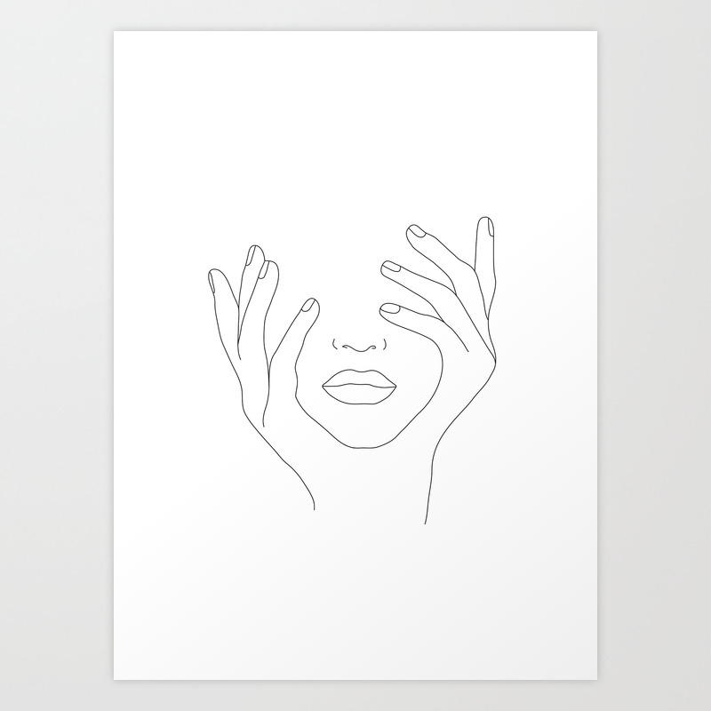 Minimal Line Art Woman With Hands On Face Art Print By Nadja1