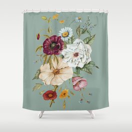 Colorful Wildflower Bouquet on Blue Shower Curtain