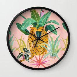 Cheetah Crush Wall Clock | Wild, Birds, Pop Art, Jungle, Animal, Sunleeart, Acrylic, Tropical, Painting, Watercolor 