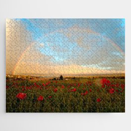 Red poppy fields of Tuscany with rainbow after storm color photographic art print photography / photography for kitchen, dining room, home and wall decor Jigsaw Puzzle