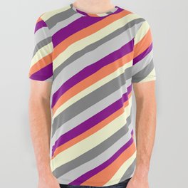 [ Thumbnail: Colorful Light Yellow, Gray, Light Gray, Purple & Coral Colored Lines/Stripes Pattern All Over Graphic Tee ]