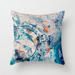 Reflections: a bold and interesting abstract mixed media piece in blues, yellows, orange, and white Throw Pillow