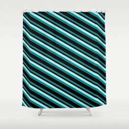 [ Thumbnail: Turquoise, Teal & Black Colored Pattern of Stripes Shower Curtain ]