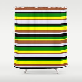 [ Thumbnail: Eye-catching Yellow, Sienna, Lavender, Black & Green Colored Striped Pattern Shower Curtain ]
