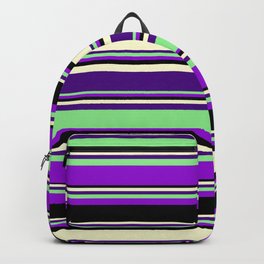 [ Thumbnail: Eyecatching Light Yellow, Indigo, Light Green, Dark Violet & Black Colored Stripes/Lines Pattern Backpack ]