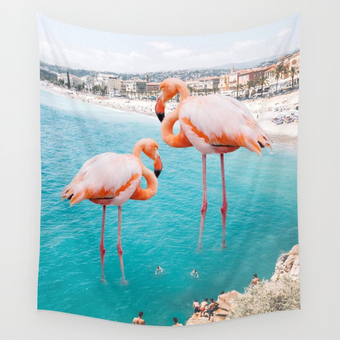 Flamingo On The City Beach, Animal Wildlife Collage Illustration, Minimal Boho Home Décor Wall Tapestry