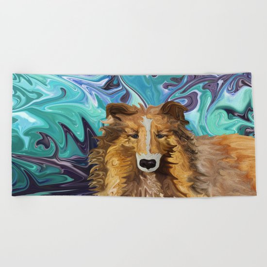 The Inquisitive Collie of the Psychedelic Dog Parade Beach Towel