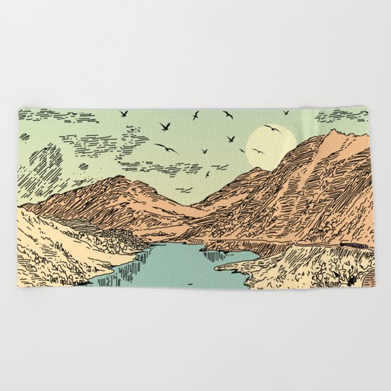 Mountain, Train & Lake Beach Towel