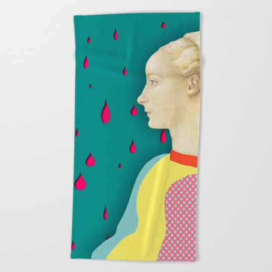 Leaning girl under rain Beach Towel