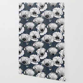 White poppy garden on navy Wallpaper