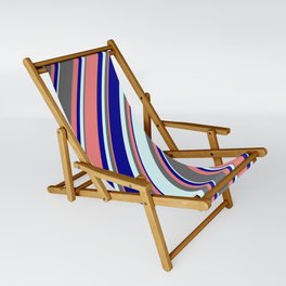 [ Thumbnail: Dim Grey, Light Coral, Dark Blue & Light Cyan Colored Stripes Pattern Sling Chair ]
