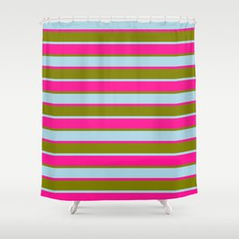 [ Thumbnail: Green, Light Blue, and Deep Pink Colored Lines/Stripes Pattern Shower Curtain ]