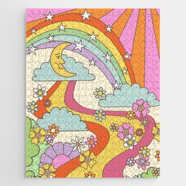 retro hippie boho print  Jigsaw Puzzle | Moon, Pink, Sixties, Lsd, Painting, Curated, Graphicdesign, Floral, Flowers, Mushroom 