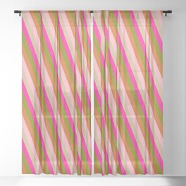 [ Thumbnail: Green, Chocolate, Light Pink, Tan, and Deep Pink Colored Lines/Stripes Pattern Sheer Curtain ]