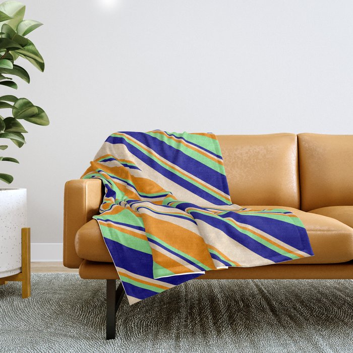 Light Green, Blue, Bisque, and Dark Orange Colored Stripes/Lines Pattern Throw Blanket