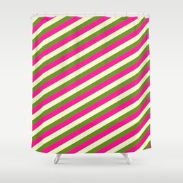 [ Thumbnail: Green, Deep Pink & Light Yellow Colored Lined/Striped Pattern Shower Curtain ]