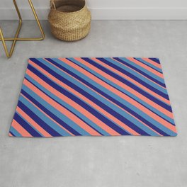[ Thumbnail: Blue, Midnight Blue, and Salmon Colored Stripes Pattern Rug ]