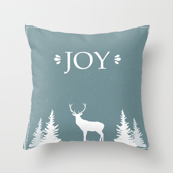 Winter Silence, JOY, with pine trees and a deer Throw Pillow