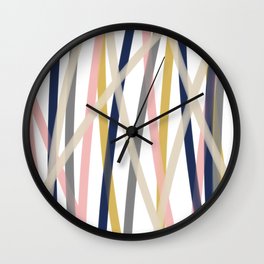 Ribbon Abstract in Mustard Yellow, Blush Pink, Navy Blue, Grey, Almond, and White Minimalist Modern Pattern Wall Clock