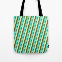 [ Thumbnail: Pale Goldenrod, Dark Olive Green & Turquoise Colored Lines Pattern Tote Bag ]