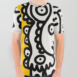 Black and White Cool Monsters Graffiti on Yellow Background All Over Graphic Tee