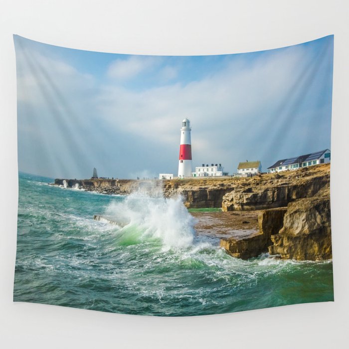 Great Britain Photography - Portland Bill Lighthouse By The Big Ocean Waves Wall Tapestry
