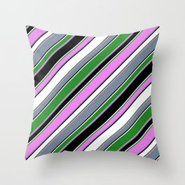 [ Thumbnail: Eye-catching Forest Green, Violet, Light Slate Gray, Black & White Colored Striped/Lined Pattern Throw Pillow ]