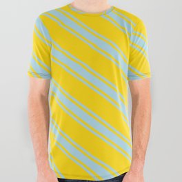 [ Thumbnail: Yellow & Light Blue Colored Lined/Striped Pattern All Over Graphic Tee ]