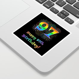 [ Thumbnail: 97th Birthday - Fun Rainbow Spectrum Gradient Pattern Text, Bursting Fireworks Inspired Background Sticker ]