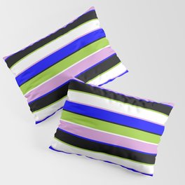 [ Thumbnail: Eyecatching Plum, Blue, Black, Green, and White Colored Striped/Lined Pattern Pillow Sham ]