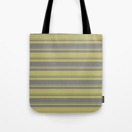 [ Thumbnail: Dark Khaki & Grey Colored Striped Pattern Tote Bag ]