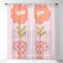 Abstract modern flower and checkerboard vase. Groovy vibes and retro style Sheer Curtain