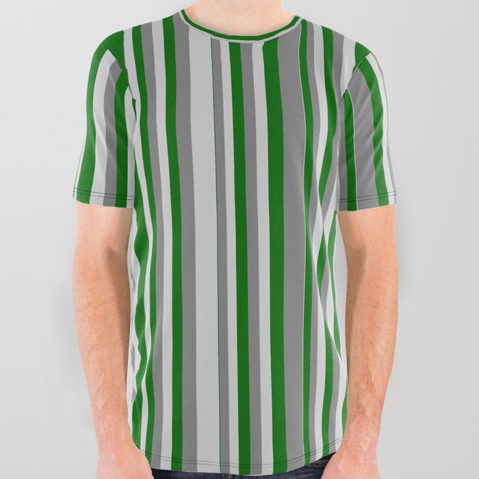 Grey, Light Grey & Dark Green Colored Striped Pattern All Over Graphic Tee