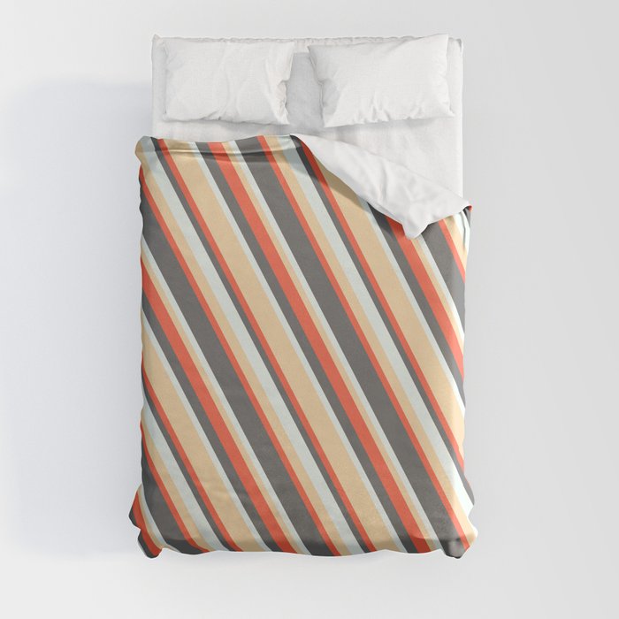 Tan, Red, Dim Gray & Mint Cream Colored Stripes/Lines Pattern Duvet Cover