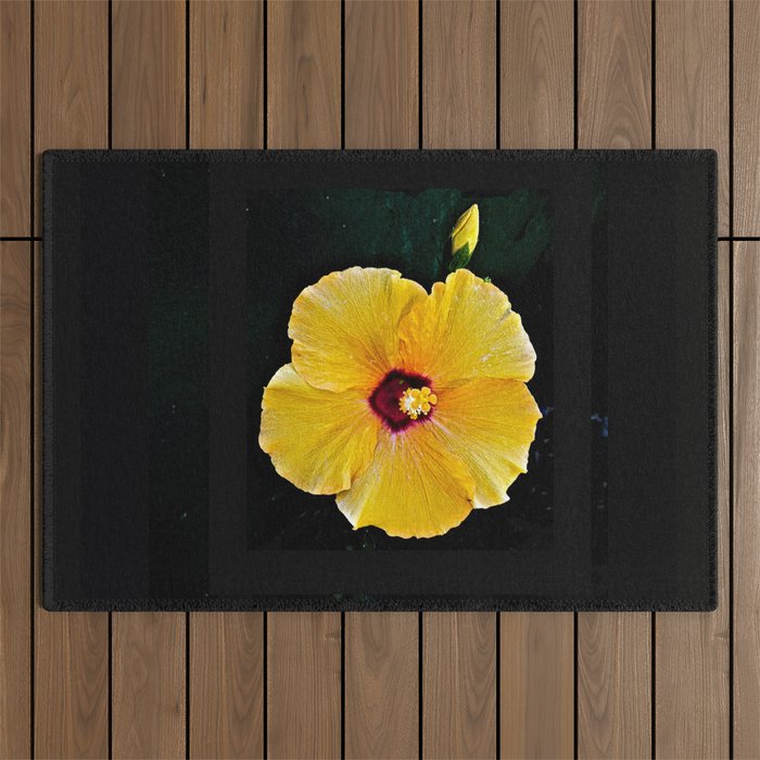 Yellow Hibiscus Tropical Flower and Bud Outdoor Rug