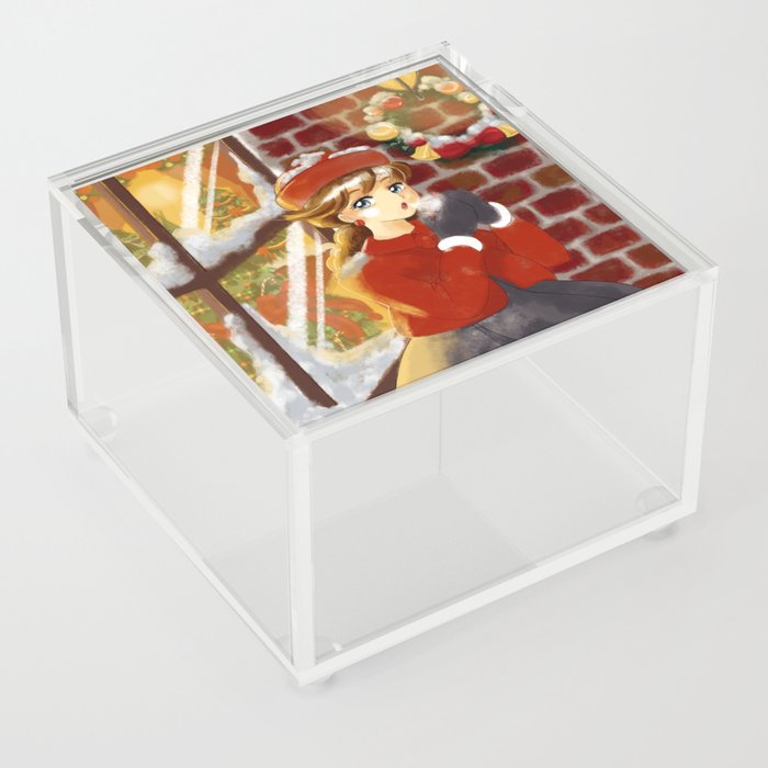 Retro Anime Snowy Christmas Shop Window Girl Acrylic Box