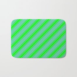 [ Thumbnail: Aquamarine & Lime Colored Stripes Pattern Bath Mat ]