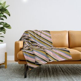 [ Thumbnail: Vibrant Light Slate Gray, Pink, Tan, Black, and Dark Goldenrod Colored Lined Pattern Throw Blanket ]