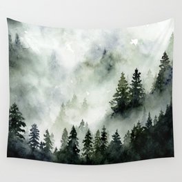 Foggy Mountains No. 2 - Misty Forest Watercolor Art Handpainted Landscape Art Wanderlust Painting Wall Tapestry