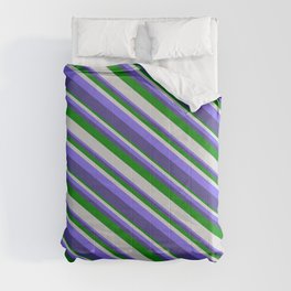 [ Thumbnail: Green, Light Gray, Medium Slate Blue, and Dark Slate Blue Colored Striped Pattern Comforter ]