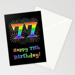 [ Thumbnail: 77th Birthday - Fun Rainbow Spectrum Gradient Pattern Text, Bursting Fireworks Inspired Background Stationery Cards ]
