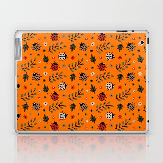Ladybug and Floral Seamless Pattern on Orange Background Laptop & iPad Skin