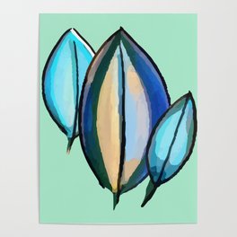 Blue citrus leaves bold pattern on a teal background Poster