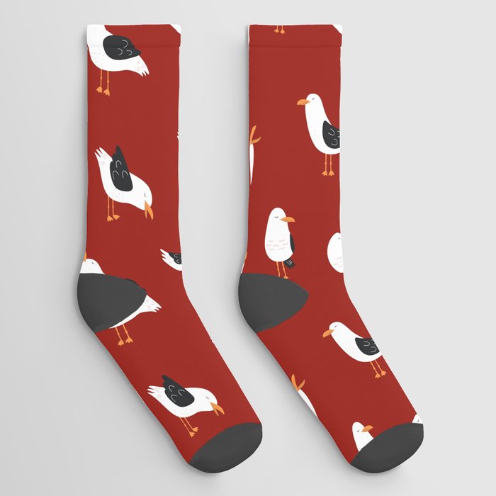 Seagull Bird Seamless Pattern on Christmas Red Socks