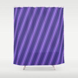 [ Thumbnail: Dark Slate Blue and Purple Colored Stripes Pattern Shower Curtain ]