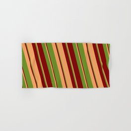 [ Thumbnail: Brown, Green & Maroon Colored Striped/Lined Pattern Hand & Bath Towel ]