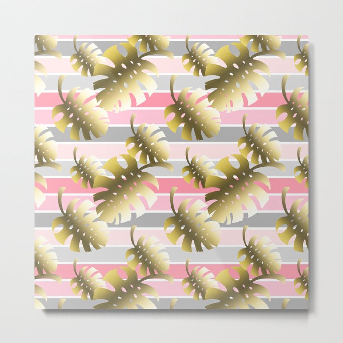 Tropical gold cheese leaves pastel color stripes Metal Print